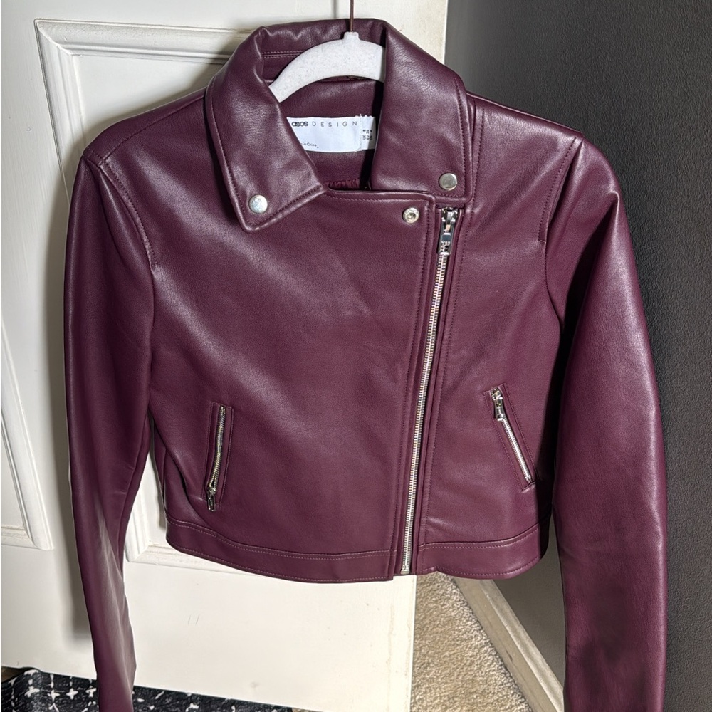 ASOS Faux Biker Leather Jacket in Burgundy - Picture 2 of 8